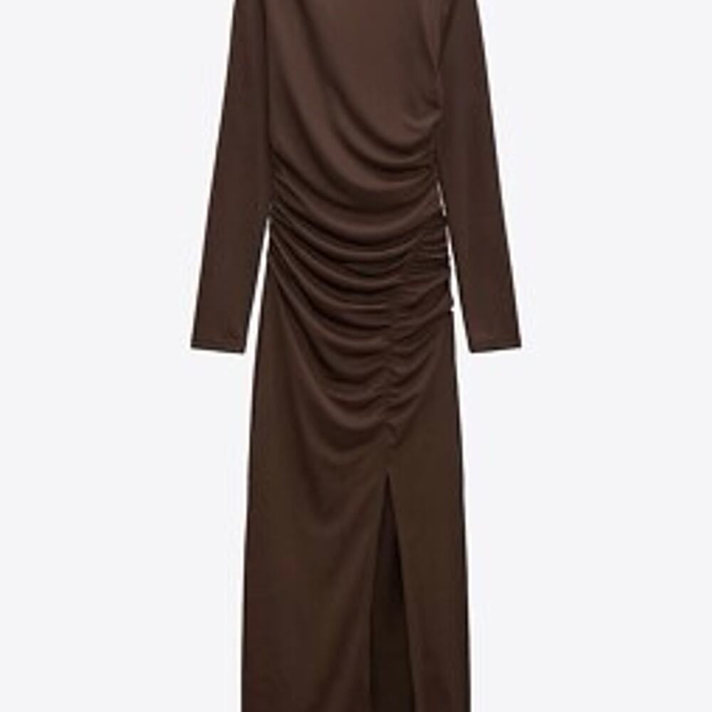 Zara brown sleeve ruched midi dress with side draping and leg slit